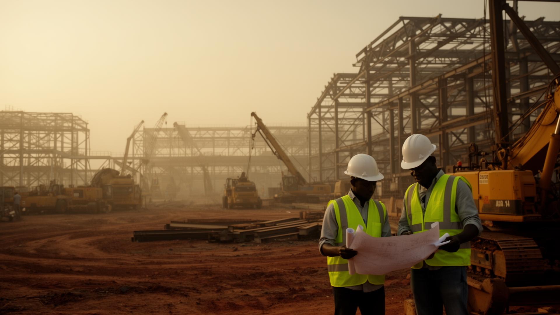 Industrial construction site in West Africa with engineers reviewing plans at golden hour
